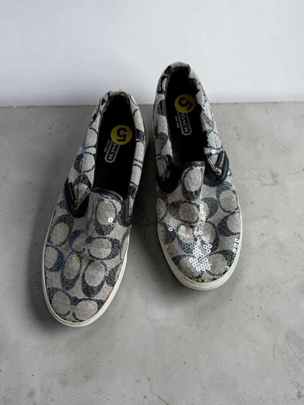 COACH Black Gray Sequin Slip On Sneakers Size 5